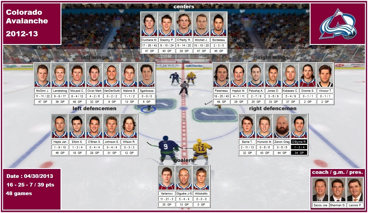 mosaic of the 2012-13 Colorado Avalanche duchene stastny mitchell bordeleau mcginn landeskog parenteau hejduk varlamov giguere sacco lacroix