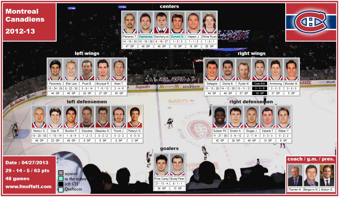 mosaic of the 2012-13 Montreal Canadiens team Plekanec Desharnais Galchenyuk Dumont Halpern White Pacioretty Eller Prust Bourque Moen Gallagher Gionta Ryder Armstrong Markov Diaz Bouillon Drewiske Tinordi Subban Emelin Gorges Price Budaj Therrien Bergevin