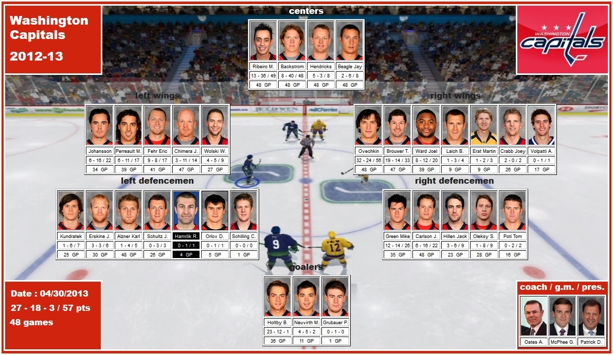 mosaic of the 2012-13 Washington Capitals ribeiro backstrom hendricks johansson perreault fehr Chimera ovechkin brouwer ward kundratek erskine green carlson hillen oleksy holtby neuvirth oates mcphee