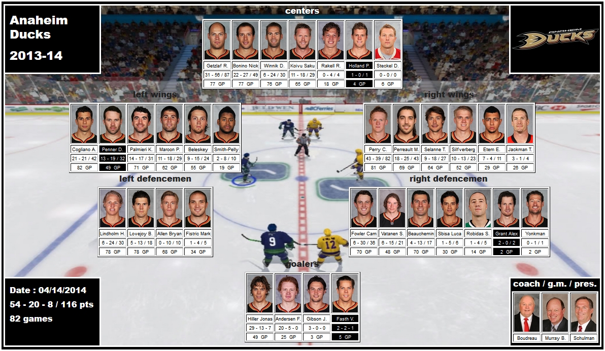 mosaic of the 2013-14 Anaheim Ducks getzlaf bonino koivu winnik penner cogliano maroon beleskey palmieri perry silfverberg perreault selanne etem lindholm fistric lovejoy allen beauchemin fowler vatanen hiller fasth boudreau murray