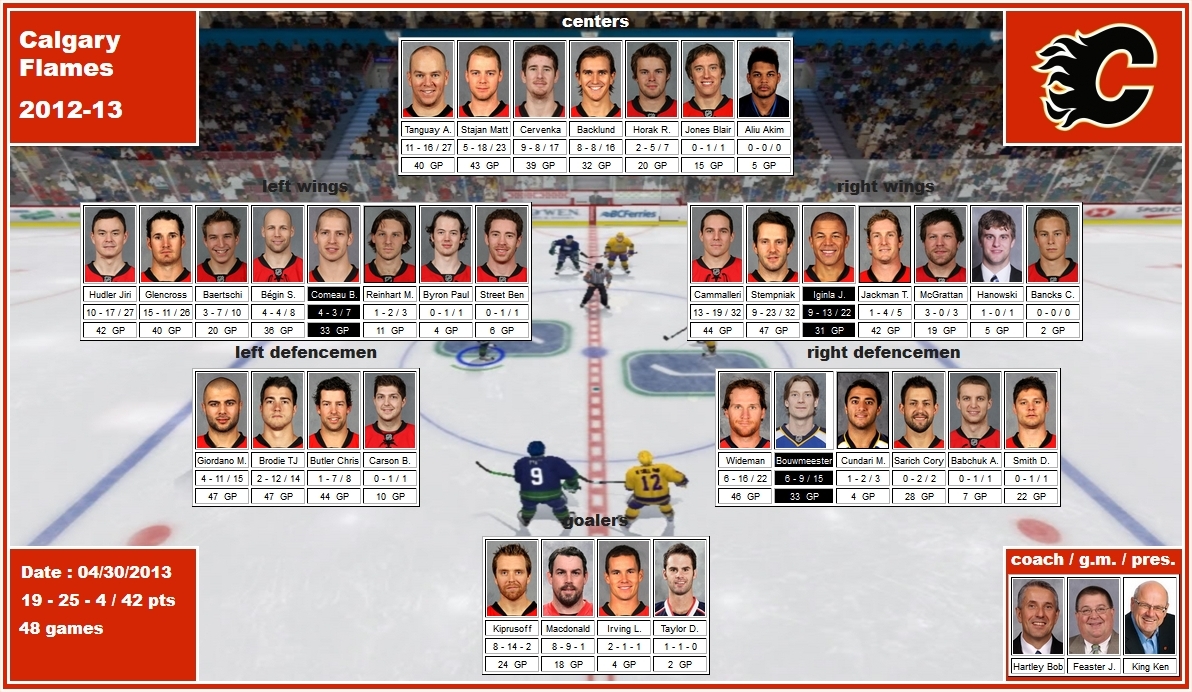 mosaic of the 2012-13 Calgary Flames tanguay stajan cervenka backlund horak hudler glencross baertschi begin comeau reinhart cammalleri stempniak iginla jackman mcgrattan giordano brodie butler wideman bouwmeester cundari sarich smith kiprusoff macdonald irving taylor hartley feaster
