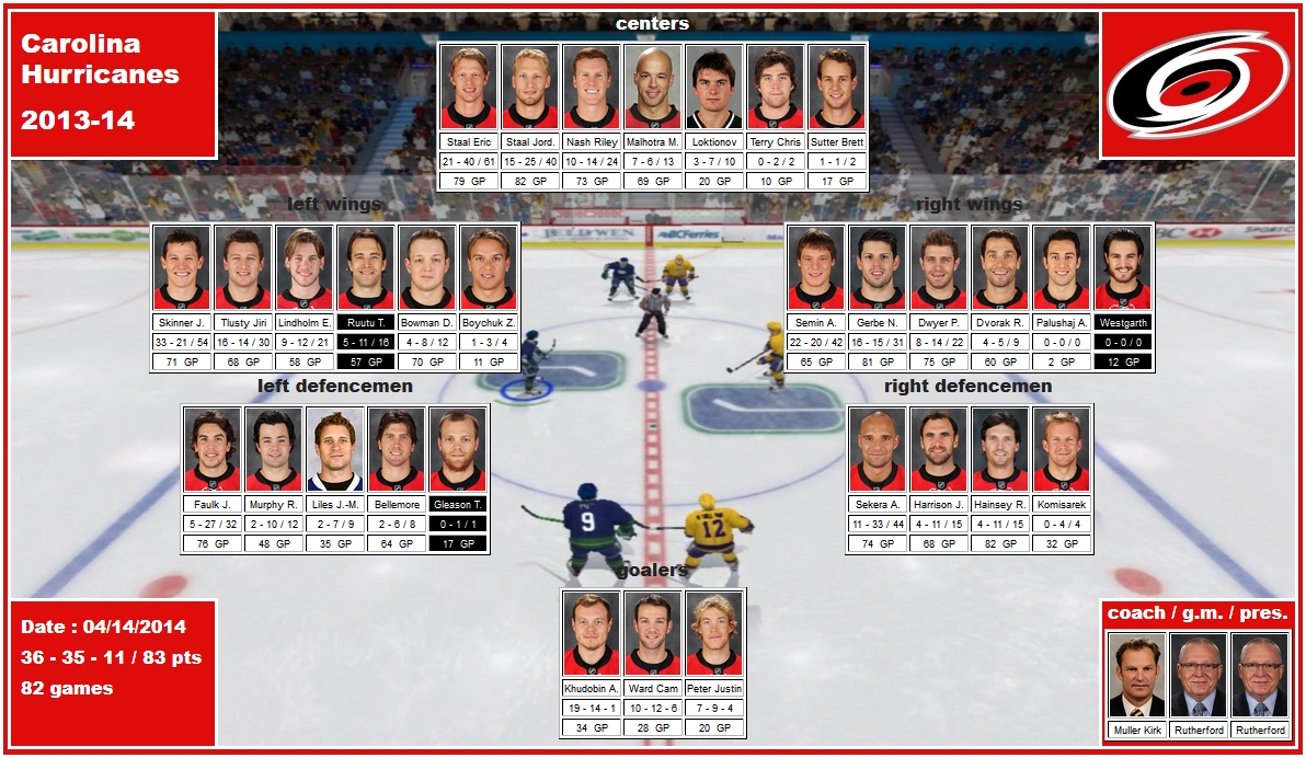 mosaic of the 2013-14 Carolina Hurricanes staal nash ruutu sutter skinner lindholm westgarth tlusty bowman gerbe dvorak semin dwyer faulk murphy komisarek harrison sekera khudobin ward muller rutherford