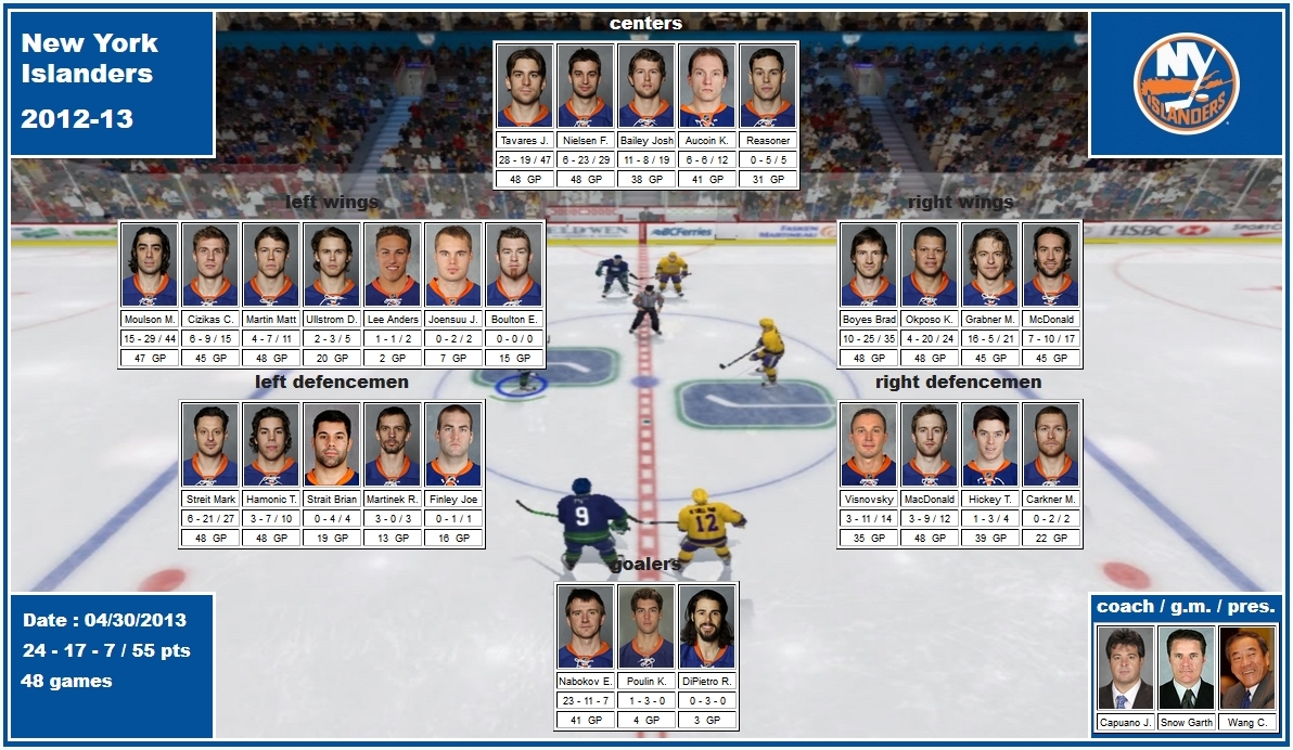 mosaic of the 2012-13 New York Islanders tavares nielsen bailey aucoin reasoner moulson cizikas martin ullstrom boulton boyes okposo grabner mcdonald streit hamonic visnovsky macdonald nabokov poulin dipietro capuano snow wang