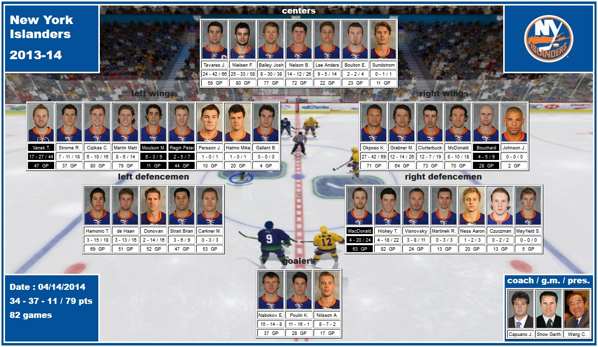 mosaic of the 2013-14 New York Islanders tavares nielsen bailey nelson regin moulson cizikas martin grabner okposo mcdonald donovan hamonic strait visnovsky nabokov poulin capuano snow wang