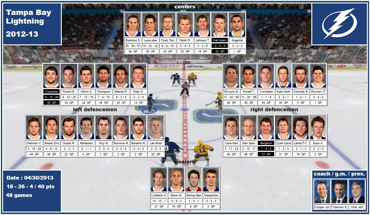 mosaic of the 2012-13 Tampa Bay Lightning stamkos lecavalier pyatt panik hall conacher pouliot killorn thompson st-louis purcell crombeen aulie hedman brewer gudas carle salo bergeron tyrell labrie lindback garon bishop desjardins cooper yzerman