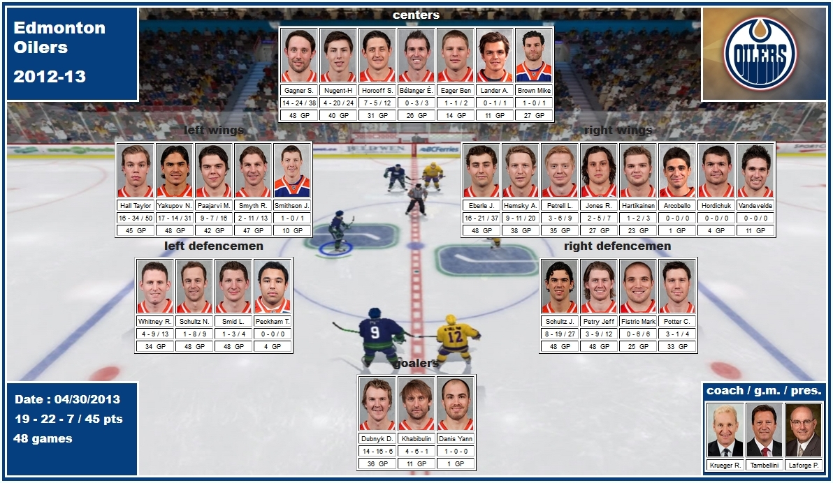 mosaic of the 2012-13 Edmonton Oilers gagner nugent-hopkins horcoff belanger brown hall yakupov paajarvi smyth smithson eberle hemsky petrell jones hartikainen whitney schultz smid petry fistric potter dubnyk khabibulin danis krueger tambellini