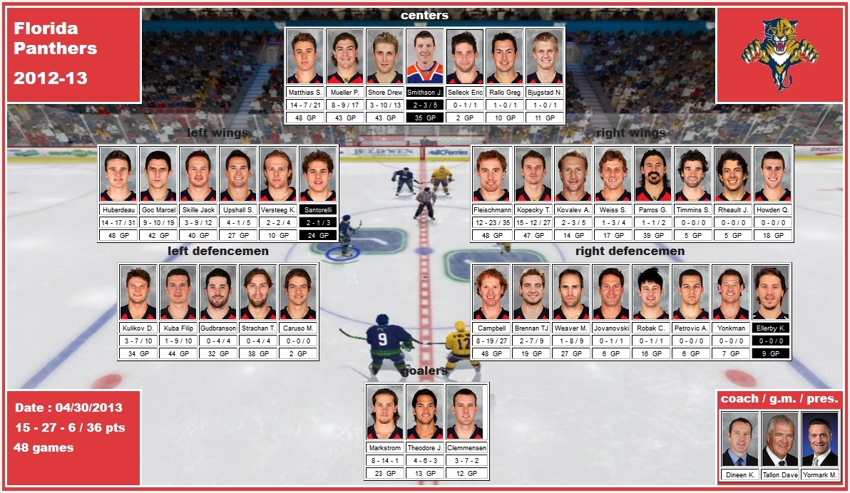 mosaic of the 2012-13 Florida Panthers matthias mueller shore smithson huberdeau goc skille upshall santorelli versteeg fleischmann kopecky kovalev weiss parros kulikov kuba gudbranson strachan campbell brennan weaver markstrom theodore clemmensen dineen tallon