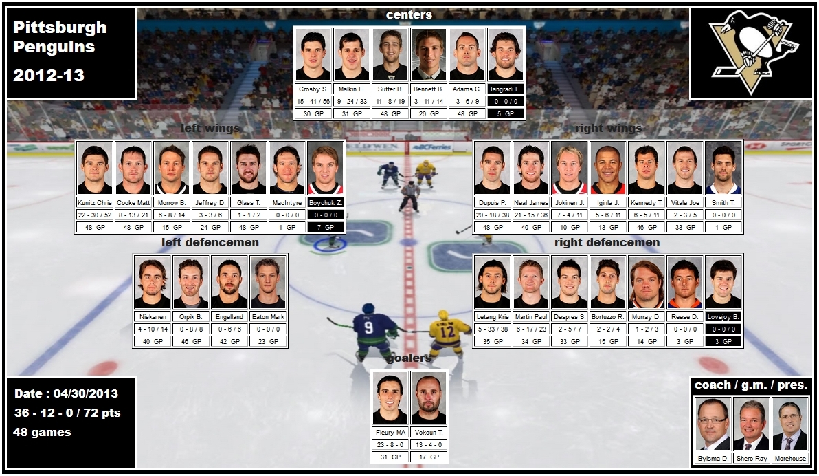 mosaic of the 2012-13 Pittsburgh Penguins crosby malkin sutter bennett adams tangradi kunitz cooke morrow jeffrey glass dupuis neal jokinen iginla kennedy vitale niskanen orpik engelland letang martin despres bortuzzo murray fleury vokoun bylsma shero