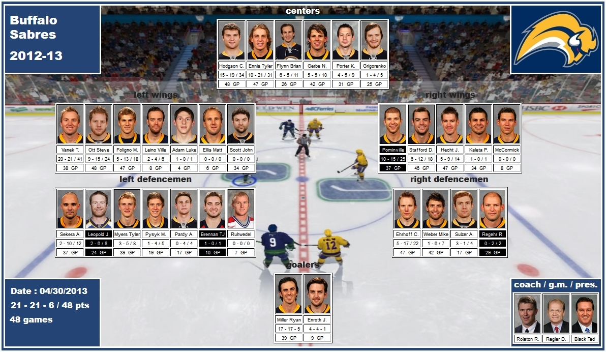 mosaic of the 2012-13 Buffalo Sabres hodgson ennis flynn gerbe porter grigorenko vanek ott foligno leino scott pominville stafford hecht kaleta sekera leopold myers ehrhoff weber miller enroth rolston regier