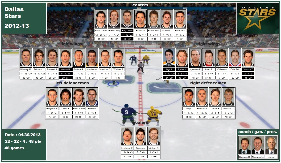 mosaic of the 2012-13 Dallas Stars benn eakin roy fiddler whitney eriksson roussel morrow garbutt jagr ryder nystrom smith cole vincour goligoski dillon rome daley robidas larsen oleksiak lehtonen bachman nilstorp gulutzan nieuwendyk