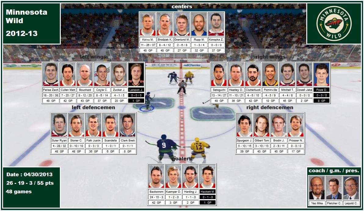 mosaic of the 2012-13 Minnesota Wild koivu brodziak granlund rupp konopka parise cullen bouchard coyle zucker setoguchi heatley clutterbuck pominville mitchell suter stoner falk spurgeon gilbert brodin backstrom kuemper harding hackett yeo fletcher