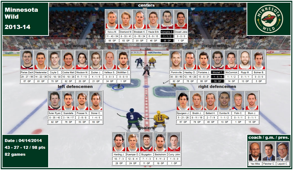 mosaic of the 2013-14 Minnesota Wild koivu granlund brodziak konopka cooke parise niederreiter fontaine pominville heatley mitchell suter dumba stoner brodin spurgeon ballard harding backstrom yeo fletcher