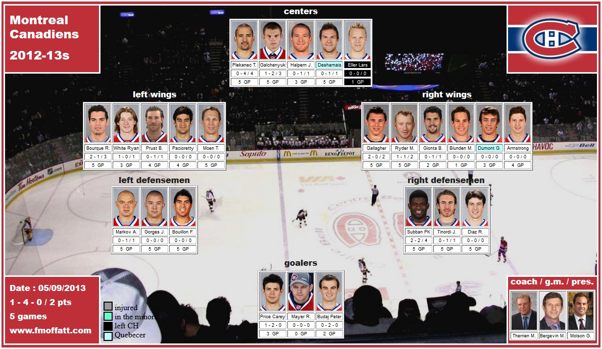 mosaic of the 2013 playoffs of the Montreal Canadiens Budaj Mayer Price Bouillon Diaz Gorges Markov Subban Tinordi Armstrong Blunden Bourque Desharnais Dumont Eller Galchenyuk Gallagher Gionta Halpern Moen Pacioretty Plekanec Prust Ryder White Therrien Bergevin Molson