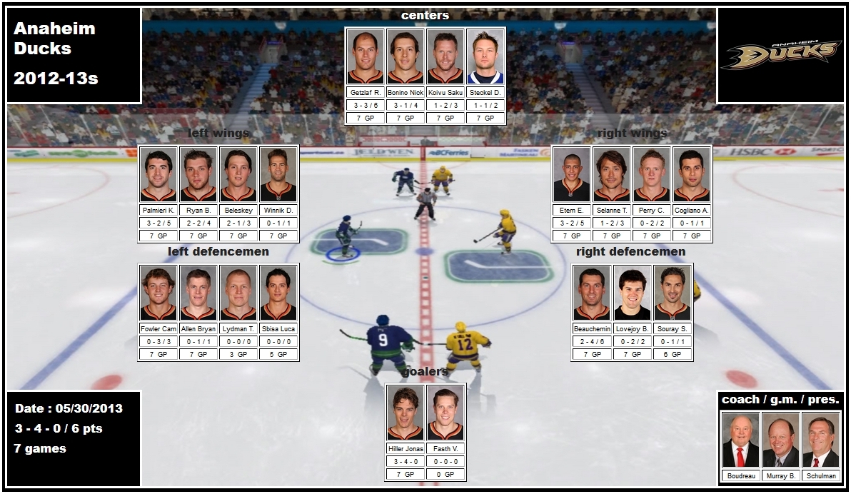 mosaic of the 2013 playoffs of the Anaheim Ducks getzlaf bonino koivu steckel palmieri ryan beleskey winnik etem selanne perry cogliano fowler allen lydman sbisa beauchemin lovejoy souray hiller fasth boudreau murray