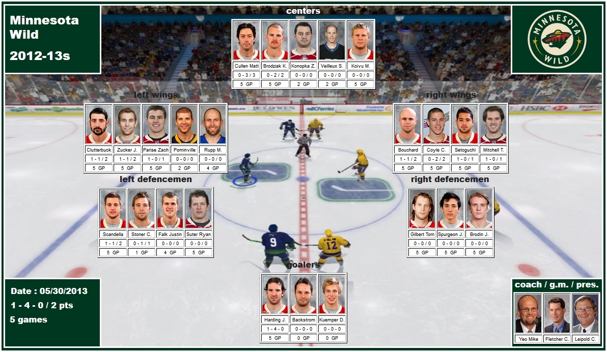 mosaic of the 2013 playoffs of the Minnesota Wild cullen brodziak konopka veilleux koivu clutterbuck zucker parise pominville rupp bouchard coyle setoguchi mitchell scandella stoner falk suter gilbert spurgeon brodin harding backstrom yeo fletcher