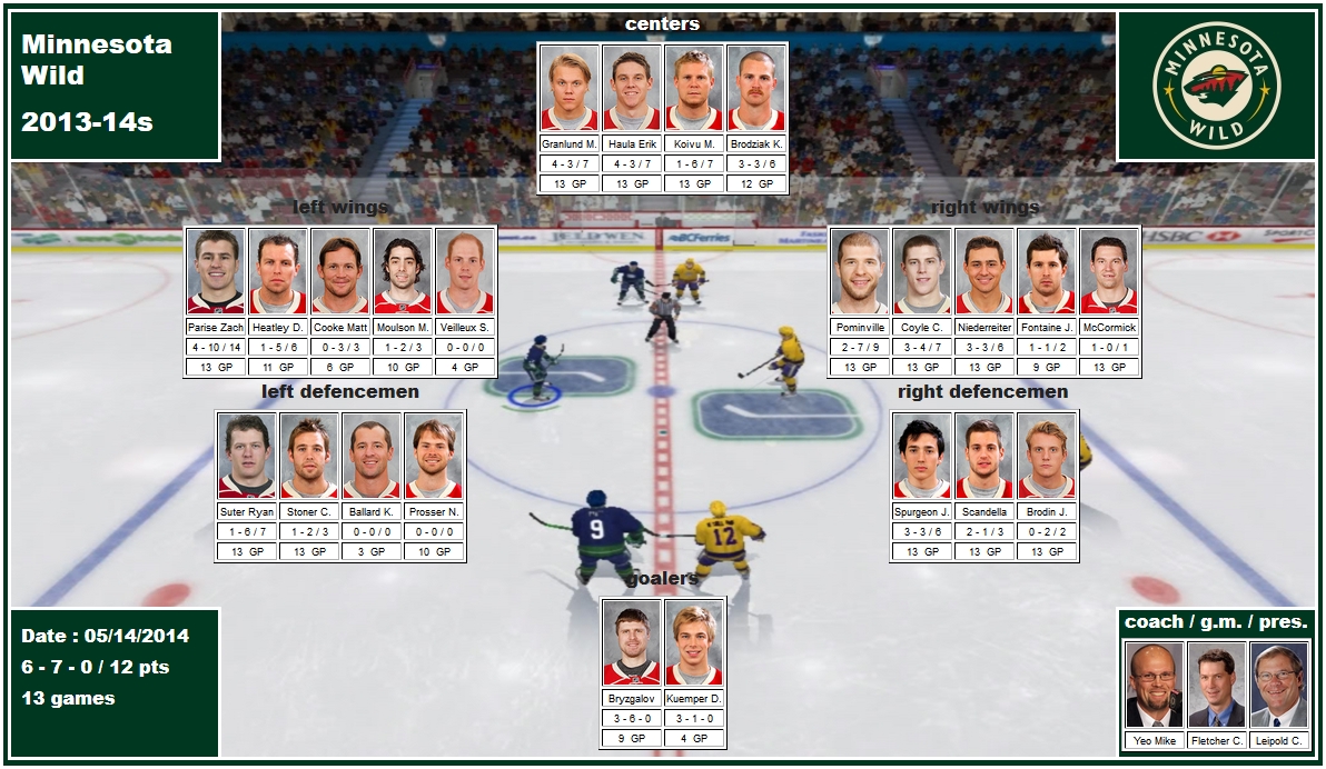 mosaic of 2014 playoffs of Minnesota Wild Bryzgalov Kuemper Brodin Prosser Ballard Scandella Spurgeon Stoner Suter Brodziak Cooke Coyle Fontaine Granlund Haula Heatley Koivu McCormick Moulson Niederreiter Parise Pominville Veilleux